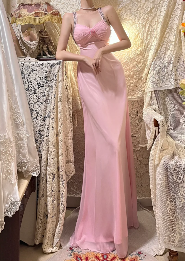 Classy Pink V Neck Chiffon Beaded Mermaid Long Wedding Guest Dress Formal Evening Dress