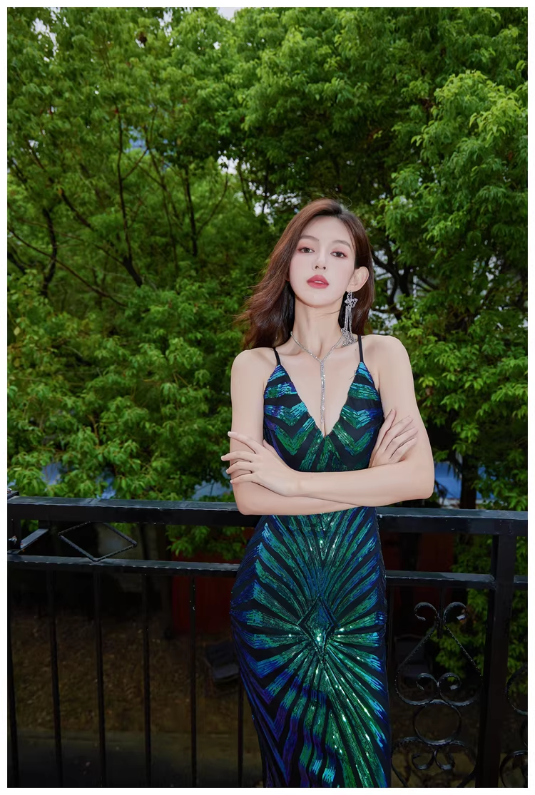 Vintage Green Spaghetti Straps Sequin Mermaid Long Evening Dress Birthday Dress
