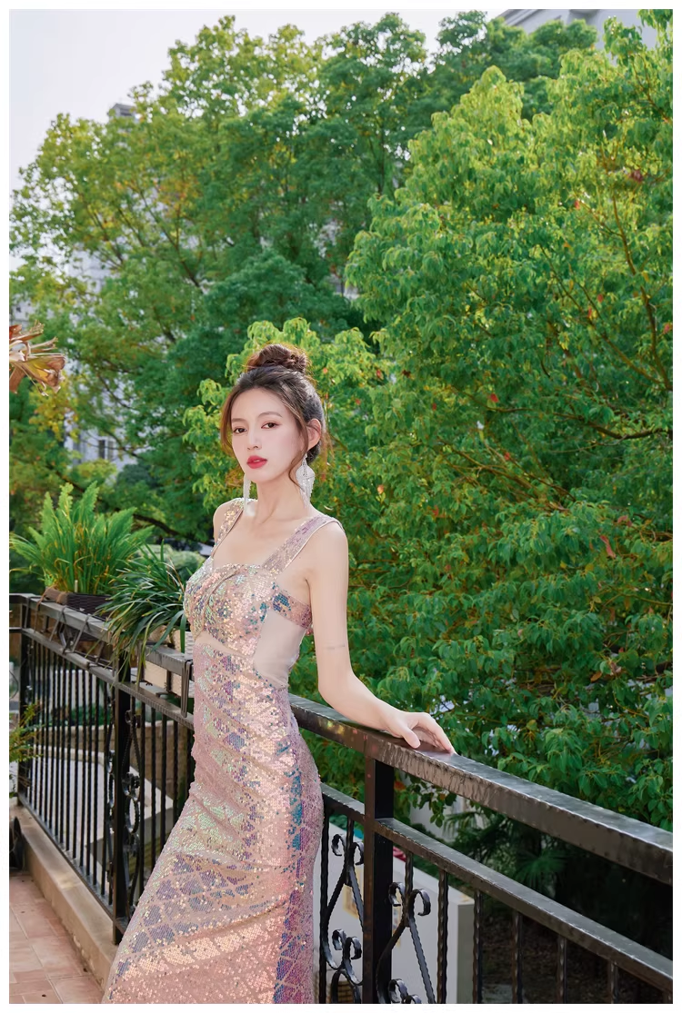 Glitter Spaghetti Straps Sequin Mermaid Long Party Dress Evening Gown With Bow