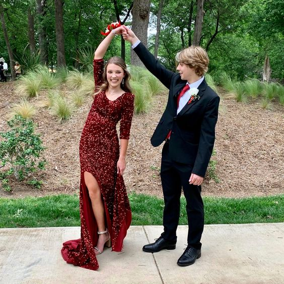 Shiny Burgundy Sequins Long Prom Dress With Split