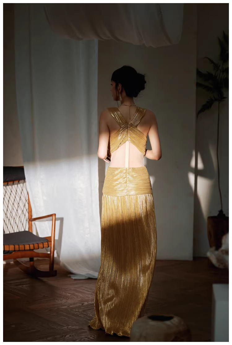 Gorgeous V Neck Gold Satin Pleated Long Evening Dress 19th Birthday Outfits