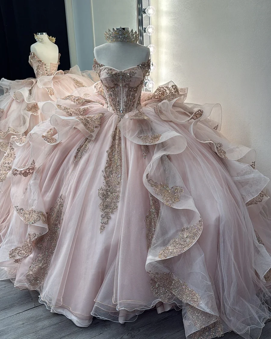 Pretty Pink Off The Shoulder Tulle Beaded Appliques Quinceanera Dress Sweet 16 Dress