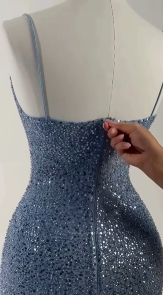 Glamorous Spaghetti Straps Sequins Sheath Long Prom Dress,Blue Party Evening Dress