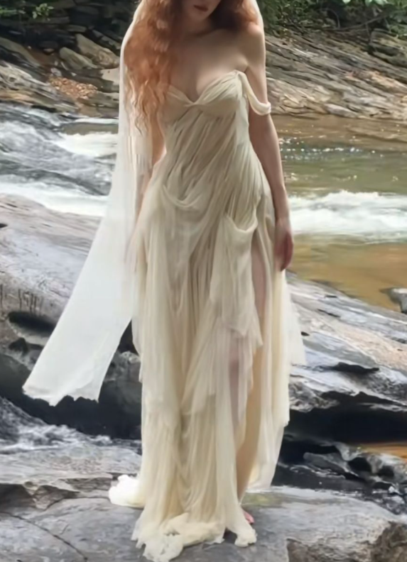 Charming Off The Shoulder Apricot Chiffon Pleated Slit Long Wedding Dress Formal Bridal Dress With Veil