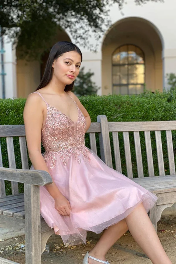 Pretty A Line Pink Beading Homecoming Dress, Short Spaghetti Straps Prom Dress,Formal Dresses
