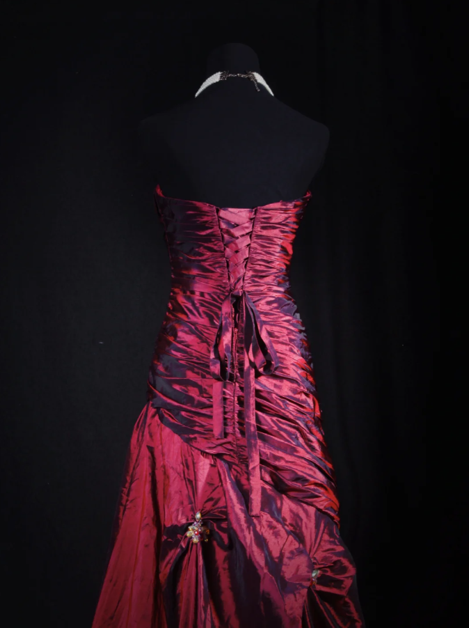Retro Burgundy Strapless Satin Pleated Mermaid Long Party Dress Birthday Dress With Beads