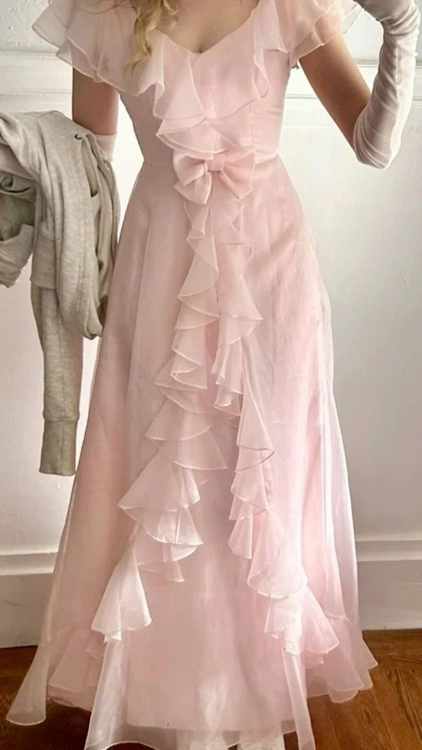 Elegant Pink Chiffon Ruffles Evening Dress,V Neck A Line Prom Party Gown