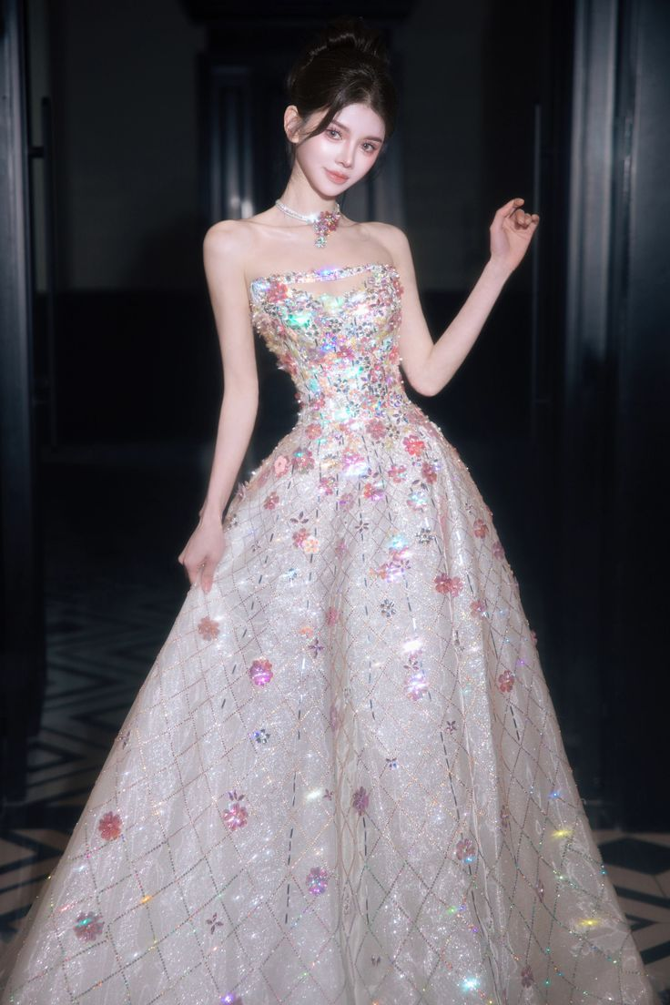 Charming Strapless White Tulle Sequin Beaded Birthday Prom Dress Princess Party Dress