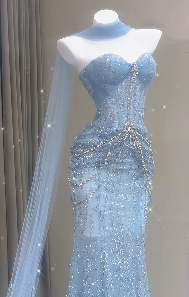 Glitter Sky Blue Strapless Tulle Sequin Beaded Mermaid Evening Dress Long Birthday Prom Dress Party Dress