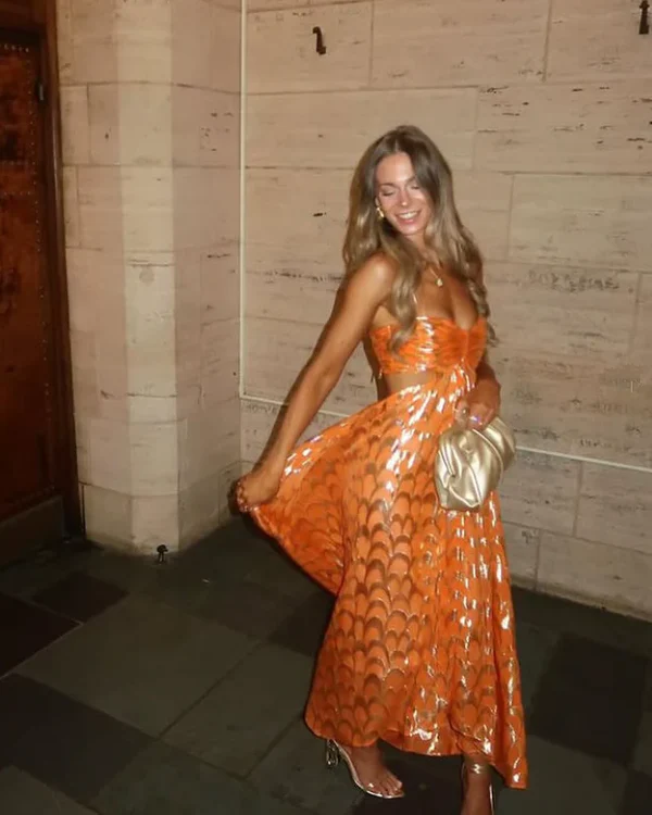 Chic Orange Long A Line Prom Dress Spaghetti Straps Evening Party Gown