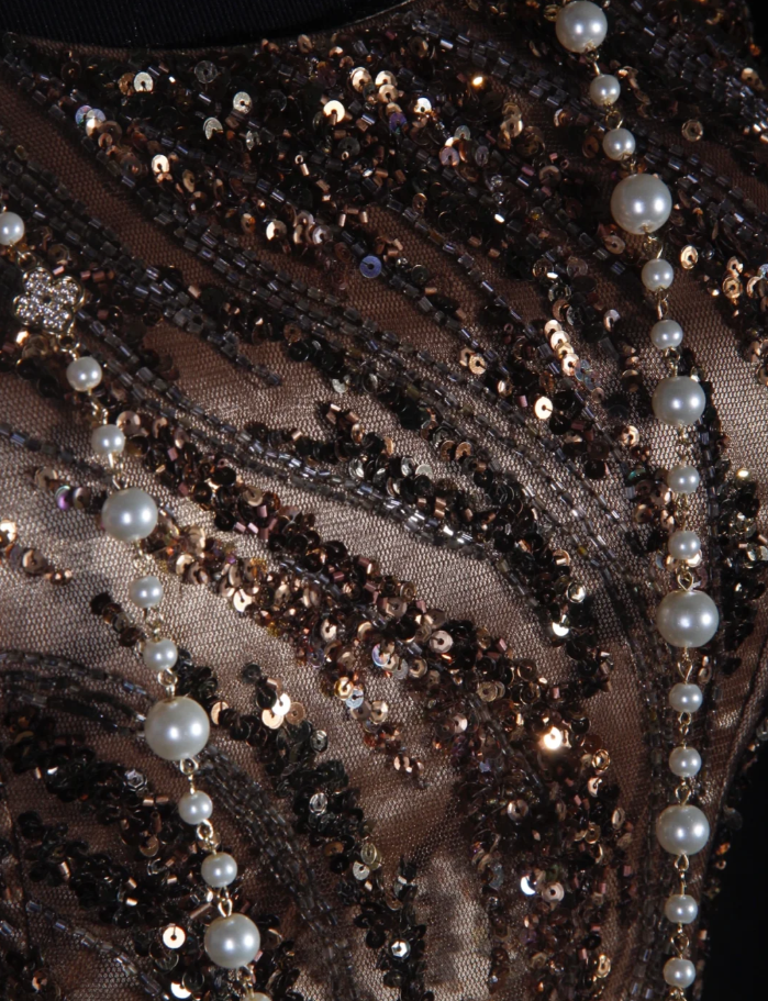 Retro Dark Brown Sleeveless Satin Sequin Beaded Long Evening Dress Birthday Dress