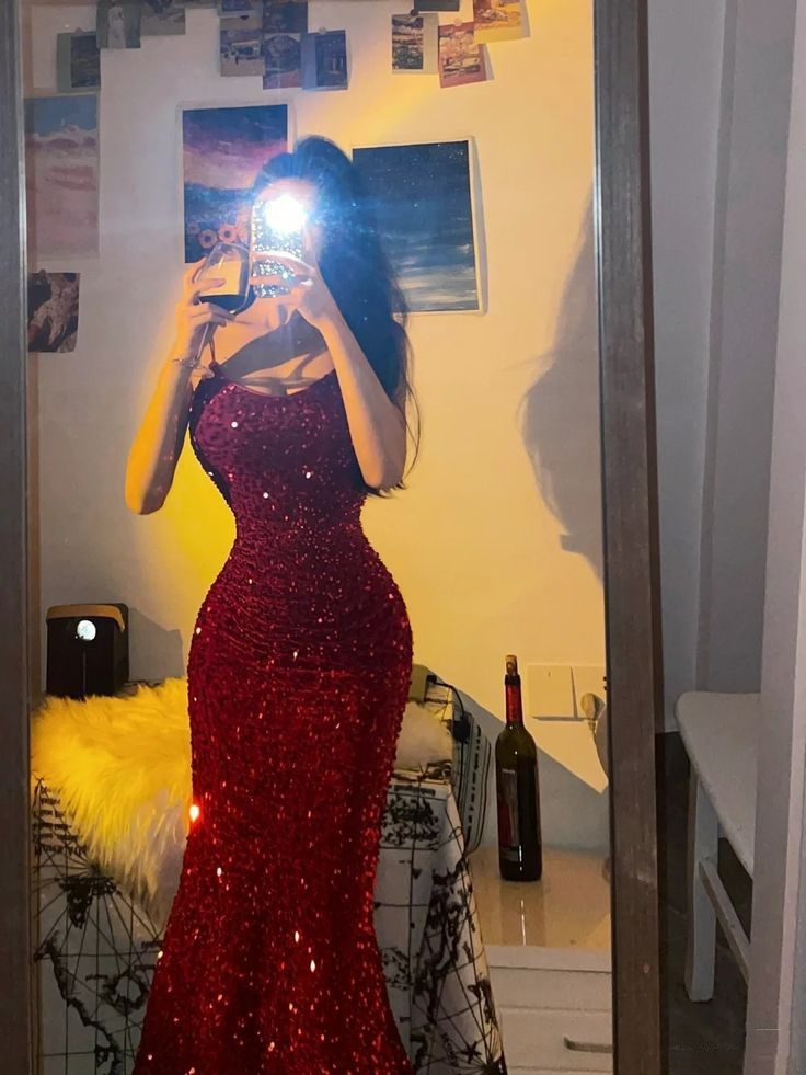 Sparkly Red Spaghetti Straps Sequin Mermaid Long Wedding Guest Dress Party Dress