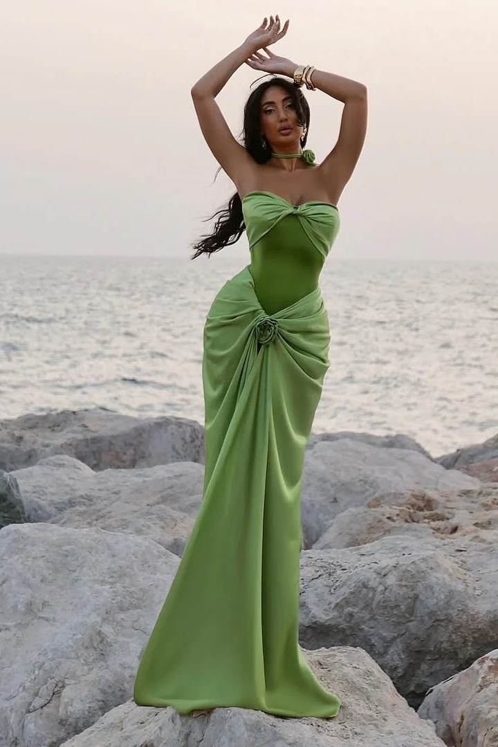 Modest Mermaid Sweetheart Sage Green Long Satin Prom Dresses Evening Dress
