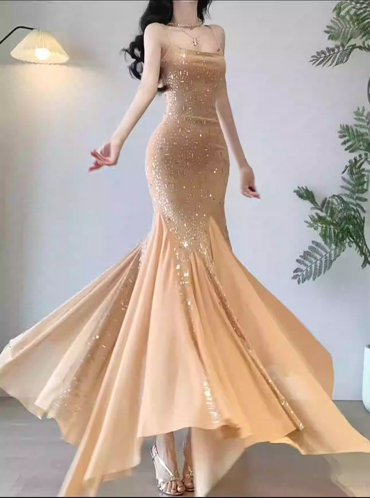 Sexy Black Rhinestone Mermaid Prom Dress Spaghetti Straps Chiffon Evening Dress