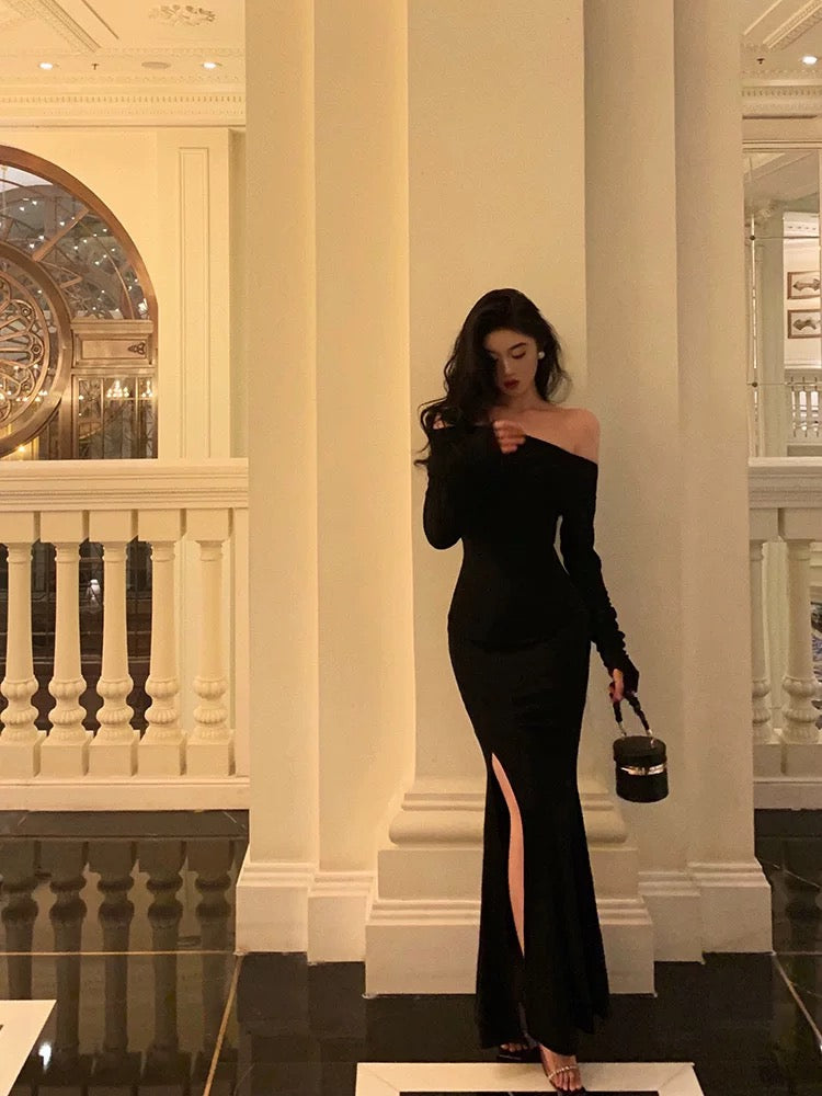 Sexy Sheath Off The Shoulder Black Slit Long Sleeves Prom Dresses Birthday Outfits