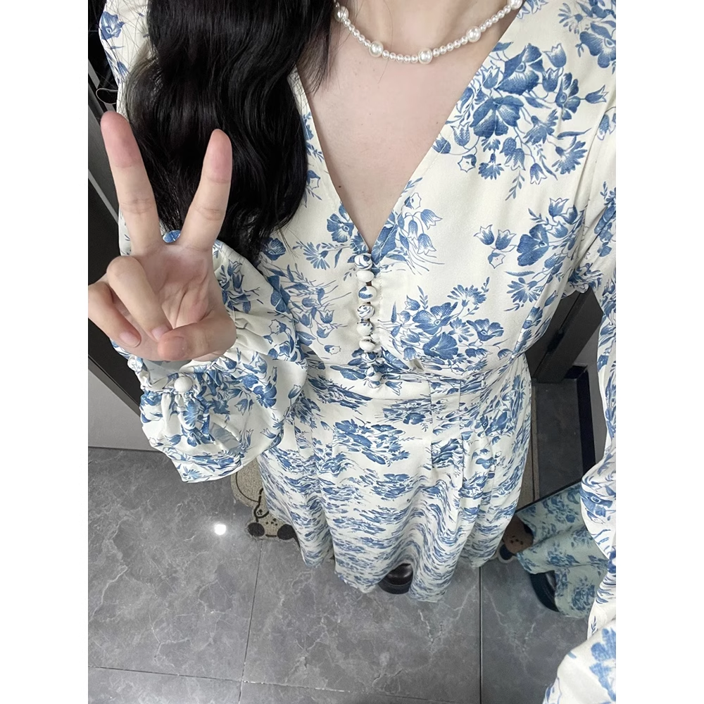 French Retro A Line V Neckline Long Sleeves Chiffon Ankle length Prom Dresses Birthday Outfits