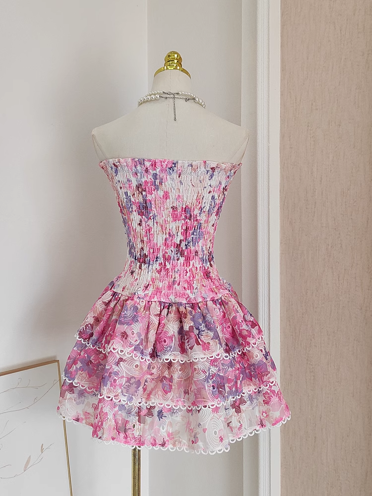 Cute A line Strapless Sleeveless Pink Floral Cocktail Dress Short Birthday Outfits
