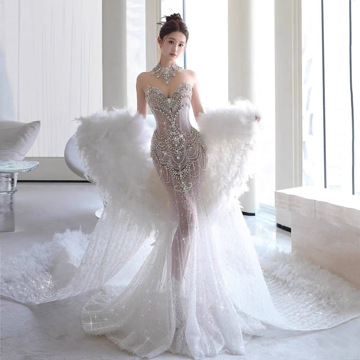 Pretty Mermaid Tulle Beads Long Prom Dresses Formal Evening Dress