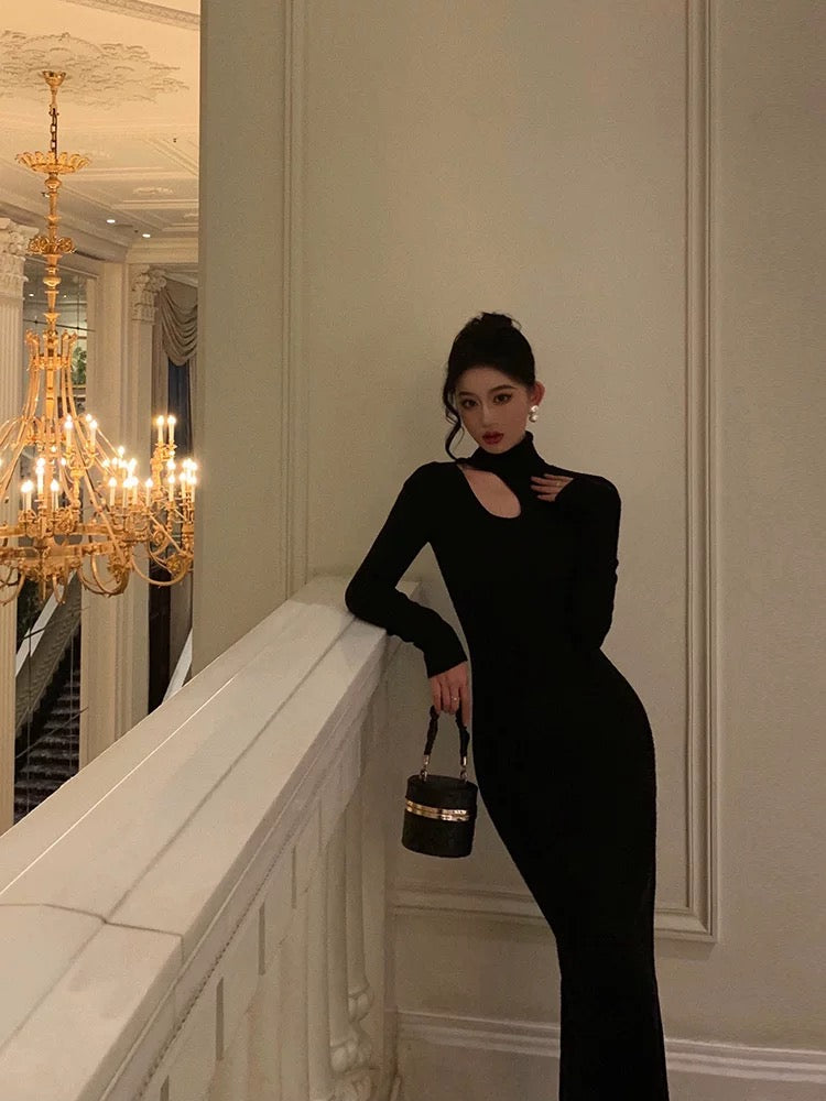Sexy Sheath High Neckline Black Long Sleeves Prom Dresses Birthday Outfits