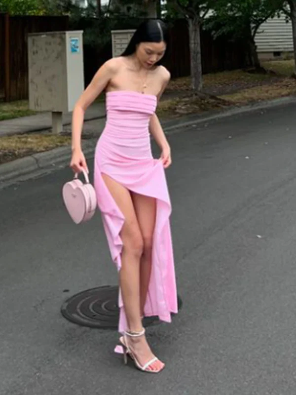 Elegant Pink Strapless Slit Evening Dress Sexy Party Prom Dress With Ruffles