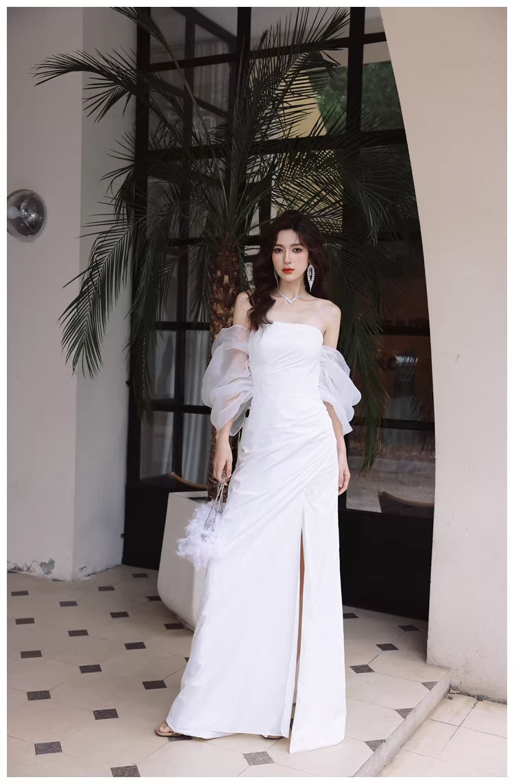 Classy Off The Shoulder White Satin Slit Mermaid Long Party Dress Birthday Evening Dress