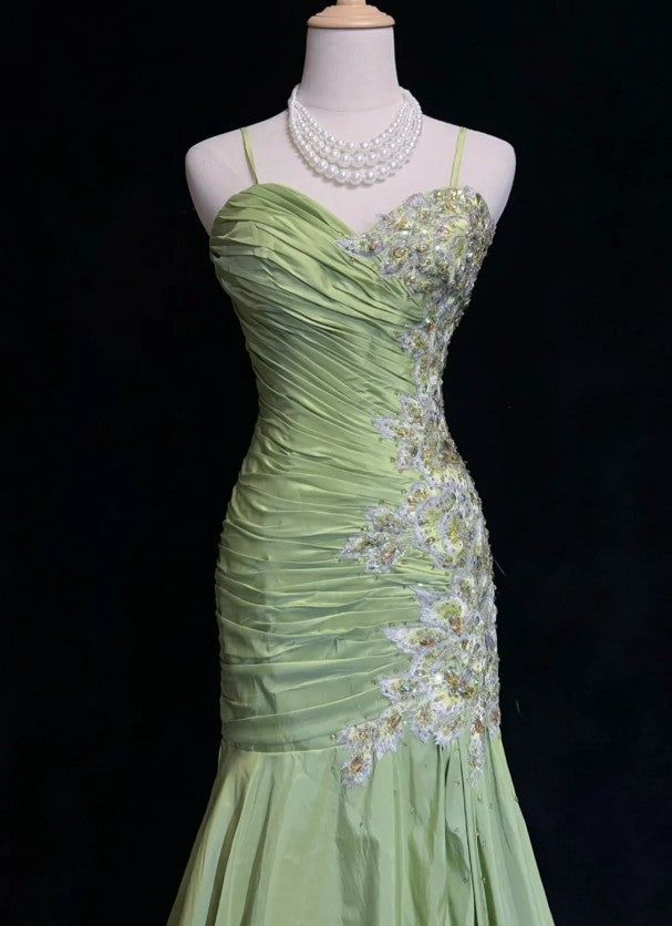 Gorgeous Green Mermaid Satin Beaded Sequin Party Evening Dress,Spaghetti Strap Long Prom Dress
