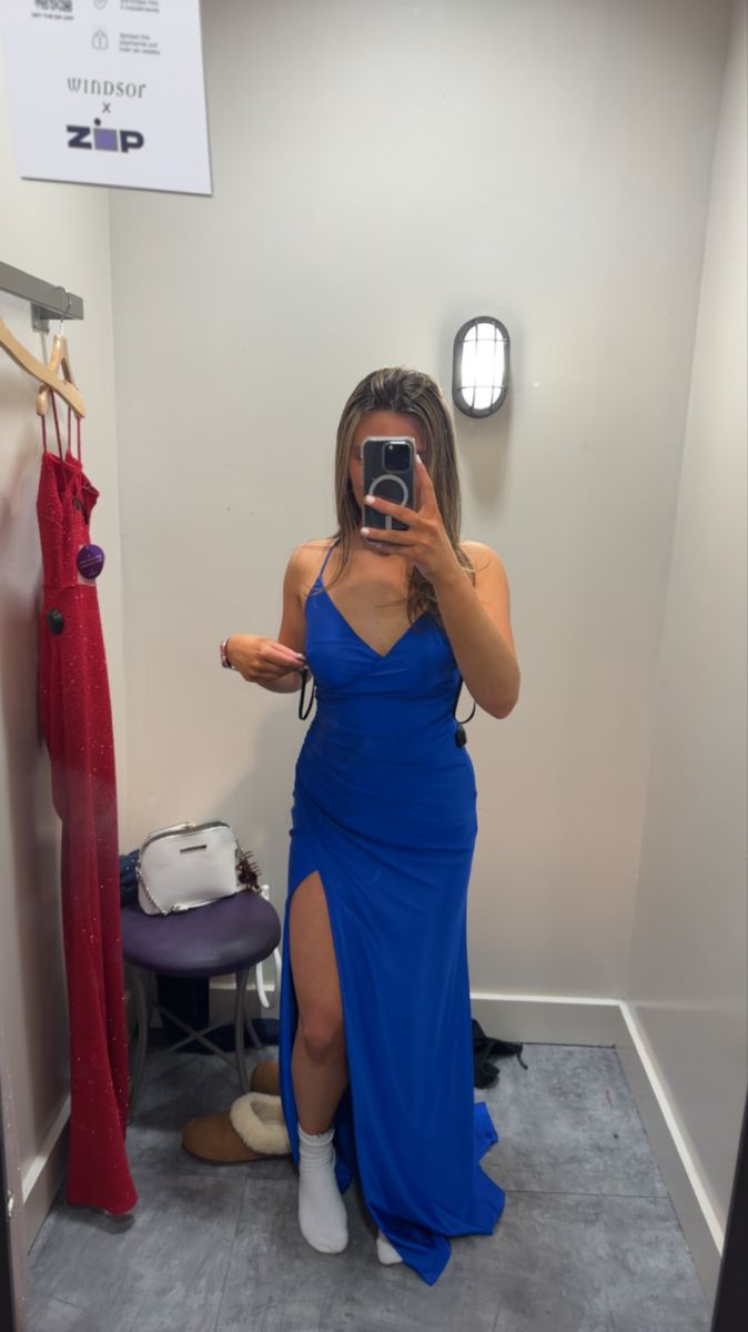 Simple Royal Blue Sheath Prom Dress With Slit,Graduation Dress