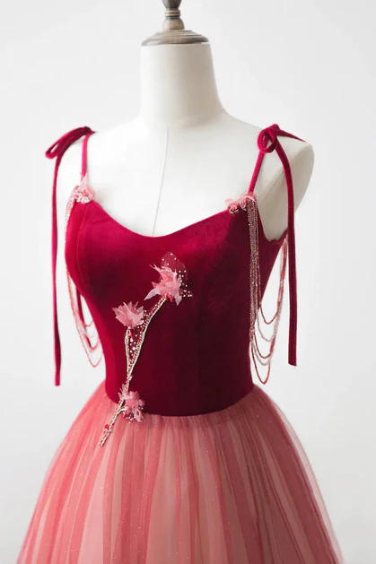 Unique Ombre Red Tulle Applique A Line Evening Dress Formal Prom Dress