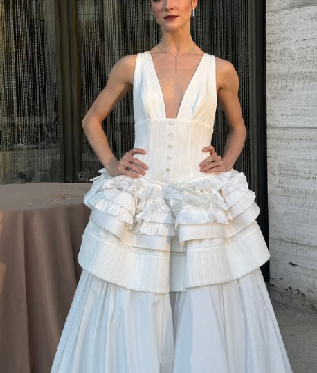 Sexy White Deep V Neck Satin A Line Layered Party Evening Dress