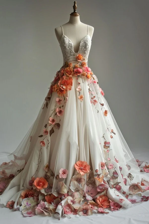 Ivory A-Line Tulle Appliques Wedding Dress, Elegant Lace Spaghetti Strap Prom Dress