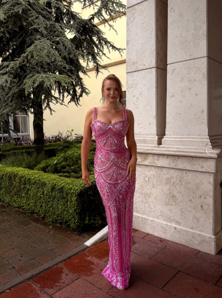 Gorgeous Pink Spaghetti Straps Sequin Beaded Long Evening Dress Formal Party Gown