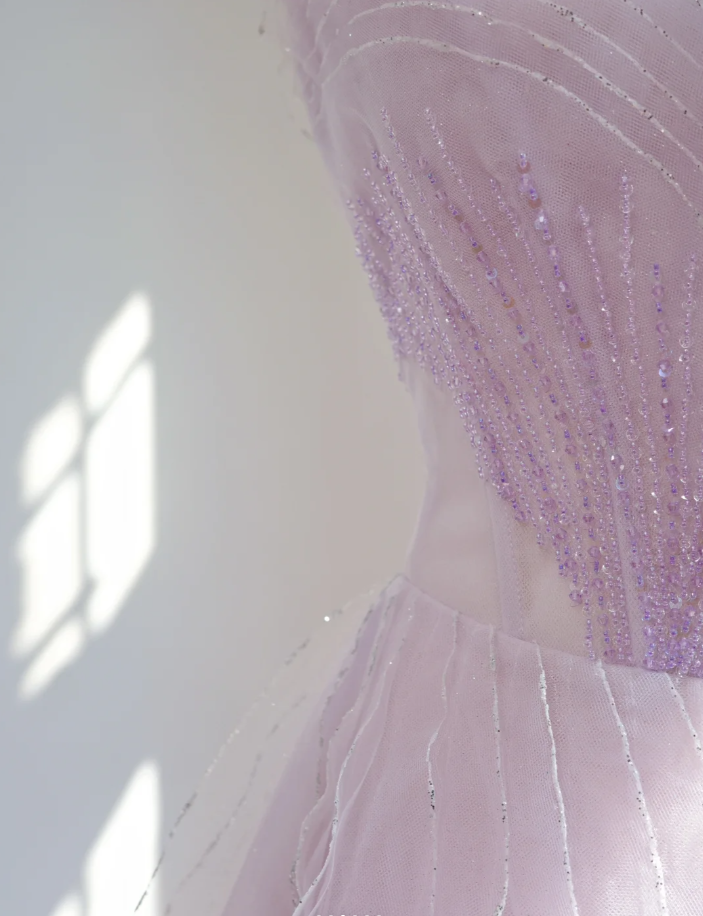 Classy Strapless Lilac Beaded Tulle Ruffles Long Birthday Prom Dress Formal Party Dress