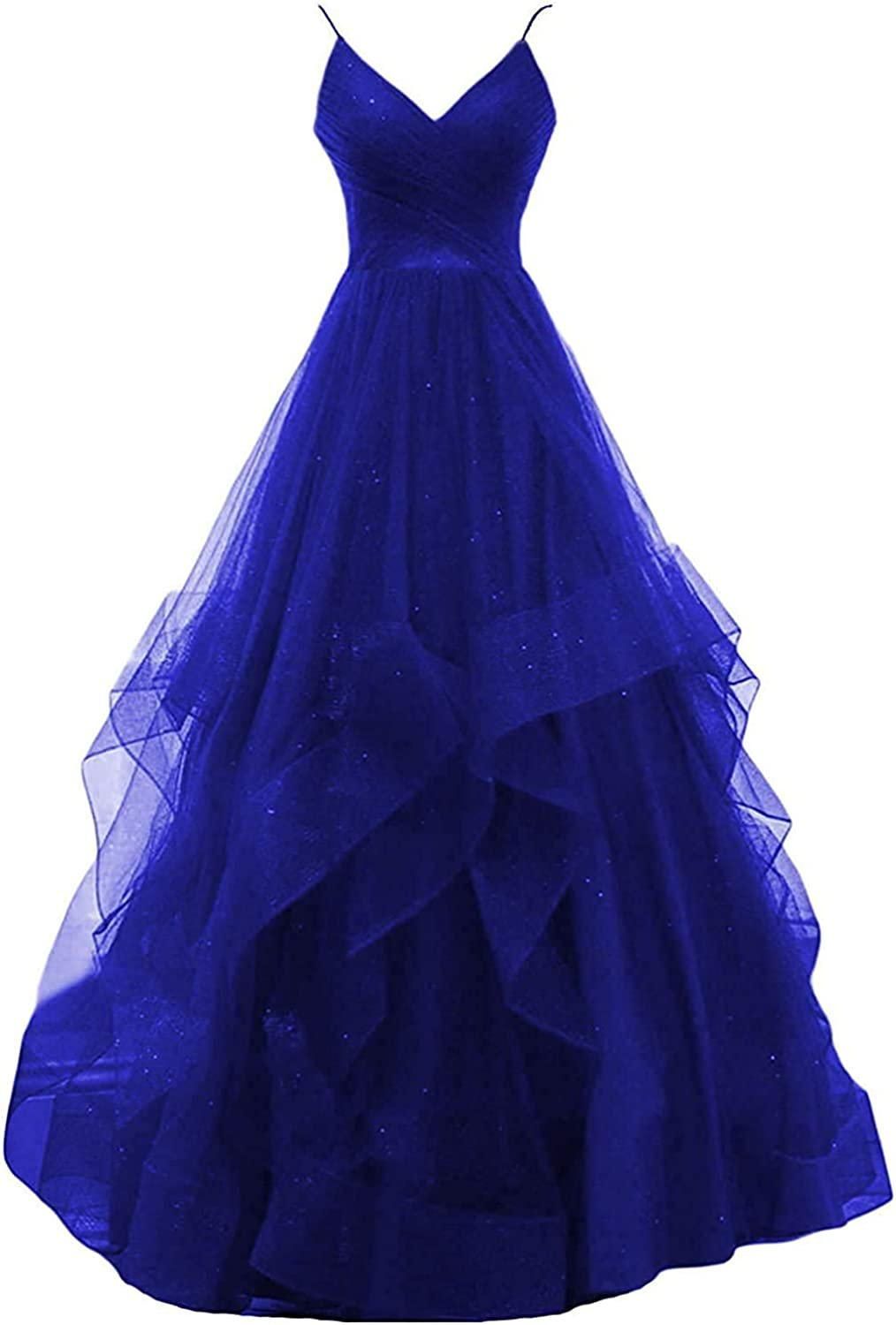 Elegant Blue spaghetti straps tulle long prom dress V-Neck Blue Tulle Prom Dress Long Evening A Line Corset Dress