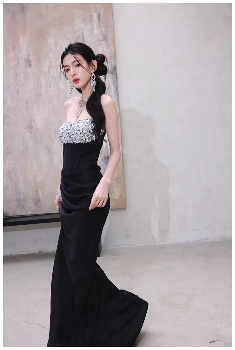 Fashion Black Strapless Satin Sequin Beaded Mermaid Evening Dress Long Wedding Guest Dress