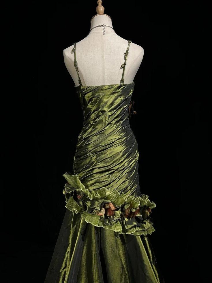 Vintage Green Satin Pleated Beaded Prom Party Dress,Long Mermaid Evening Dress