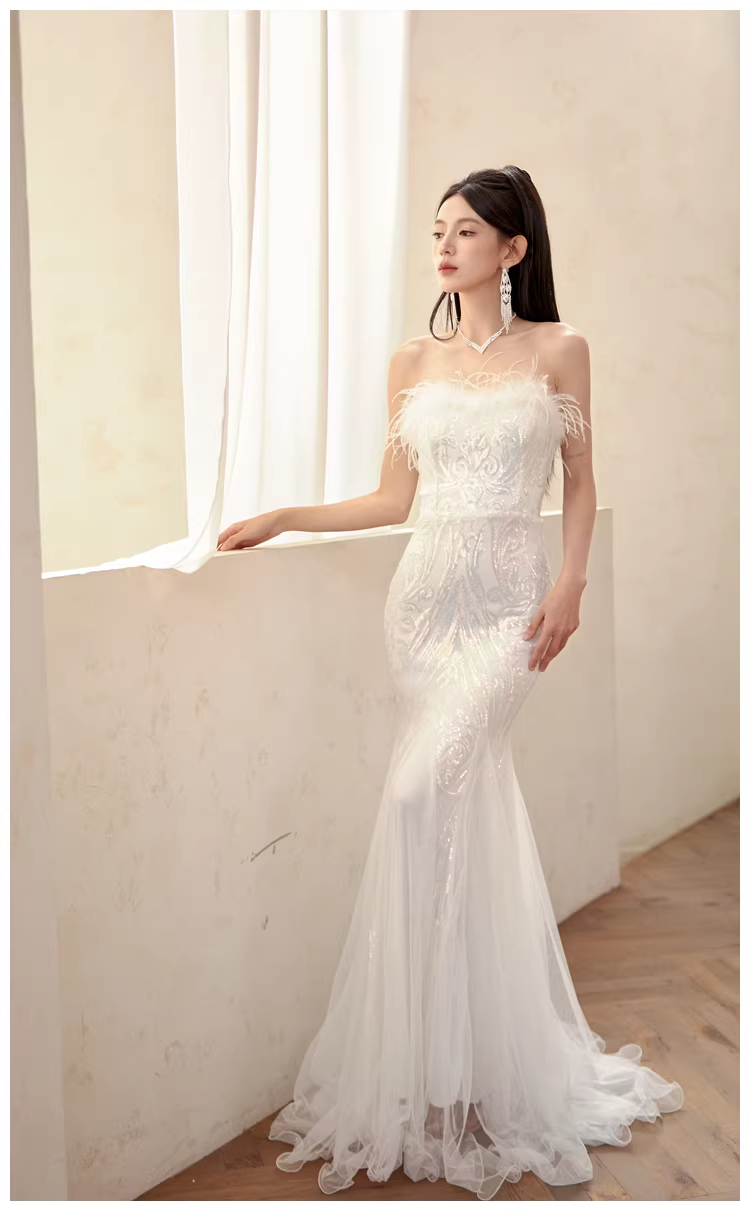 Classy Feathers Strapless White Tulle Sequin Mermaid Long Evening Dress Prom Dresses