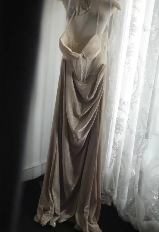 Glitter Spaghetti Straps Satin Beaded Mermaid Slit Evening Dress Long Prom Dress