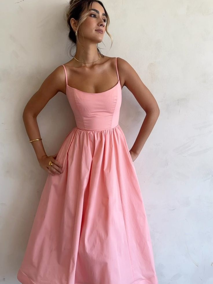 Pretty Spaghetti Straps Pink Satin Prom Dress A Line Birthday Dress