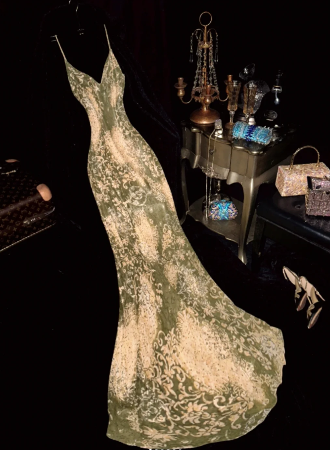 Vintage Spaghetti Straps Green Chiffon Print Floral Beaded Mermaid Evening Dress Long Party Dress