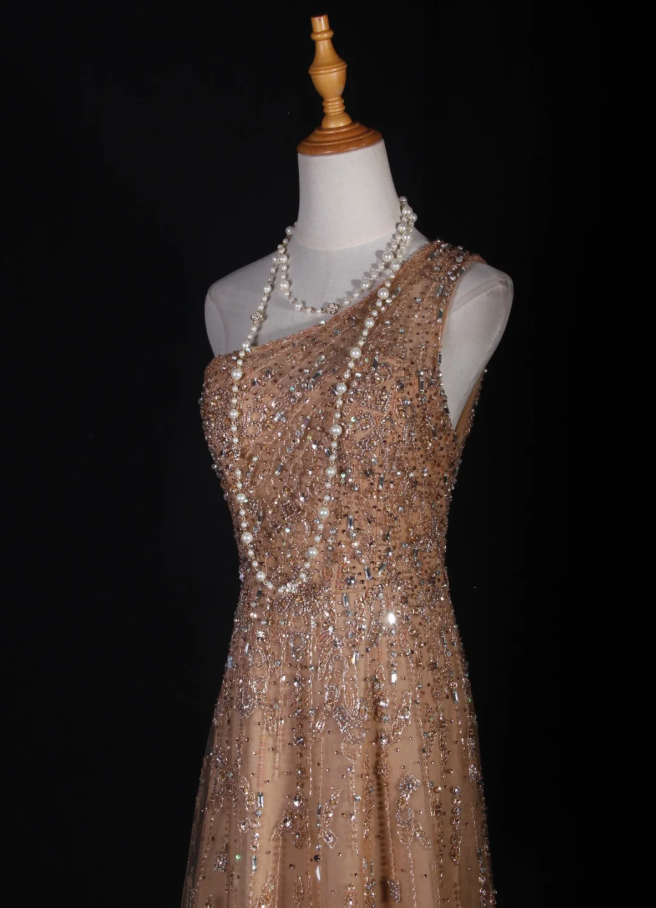 Luxury Champagne One Shoulder Tulle Sequin Beaded Mermaid Long Evening Dress 18th Birthday Outfits
