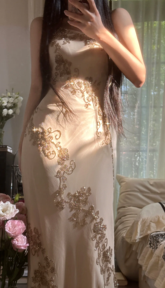 Vintage Spaghetti Straps Chiffon Beaded Mermaid Long Evening Dress Formal Birthday Party Dress