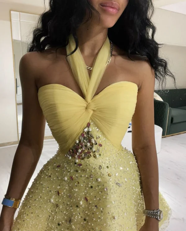 Gorgeous Yellow Halter Neck A-Line Satin Tulle Beaded Homecoming Dress Short Cocktail Dress