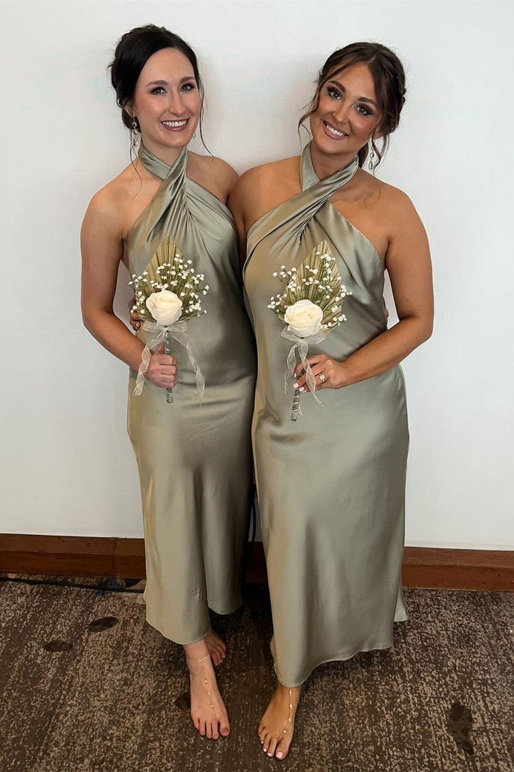Classy Halter Champagne Backless Sheath Tea Length Bridesmaid Dress Formal Wedding Guest Dress