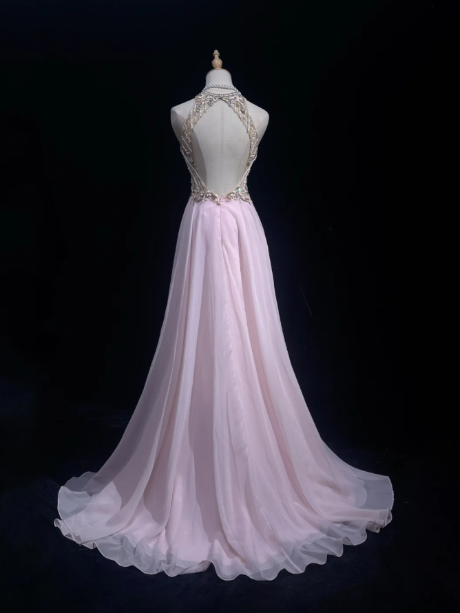 Classy Halter Chiffon Beaded Mermaid Formal Wedding Guest Dress Pink Long Evening Dress Party Dress