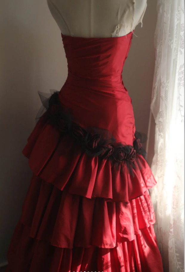 Vintage Red Strapless Satin Layered Mermaid Evening Dress Long Party Dress
