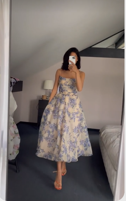 Tea-Length Party Dresses Spaghetti Straps Flower Print Prom Dress