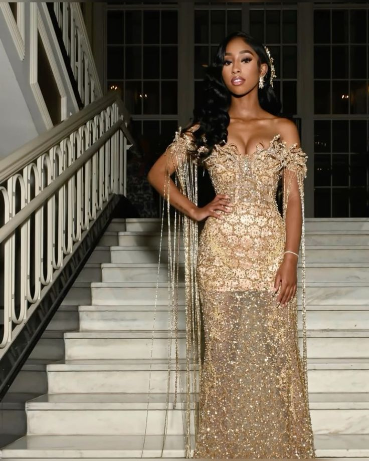 Luxurious Champagne Gold Off The Shoulder Sequin Beaded Mermaid Evening Dress Long Party Dress