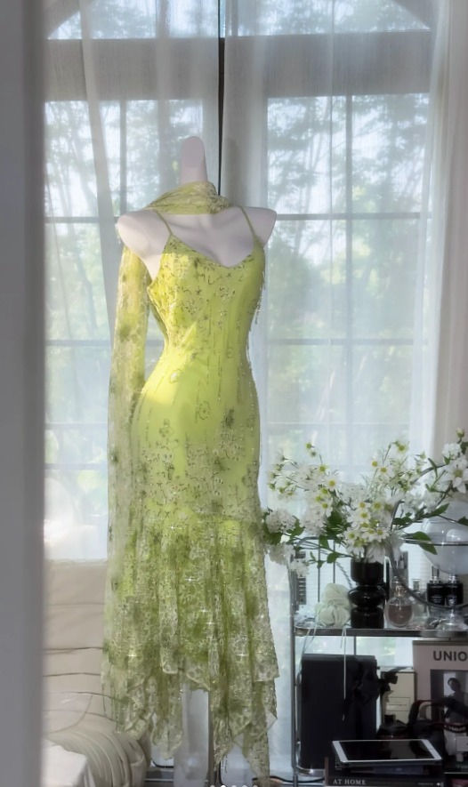 Classy Spaghetti Straps Light Green Chiffon Beaded Mermaid Evening Dress Long Party Dress