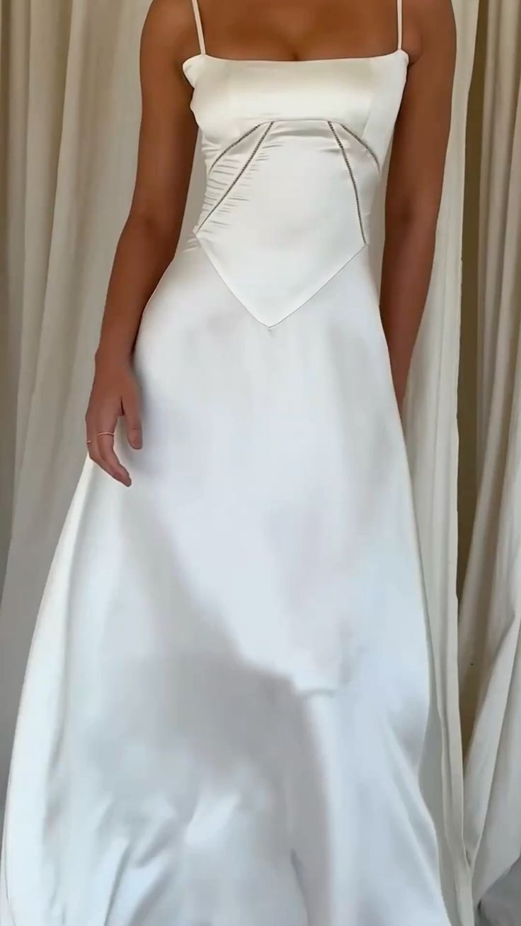 Classy Spaghetti Straps White Satin A Line Long Bridesmaid Dress Formal Prom Dress