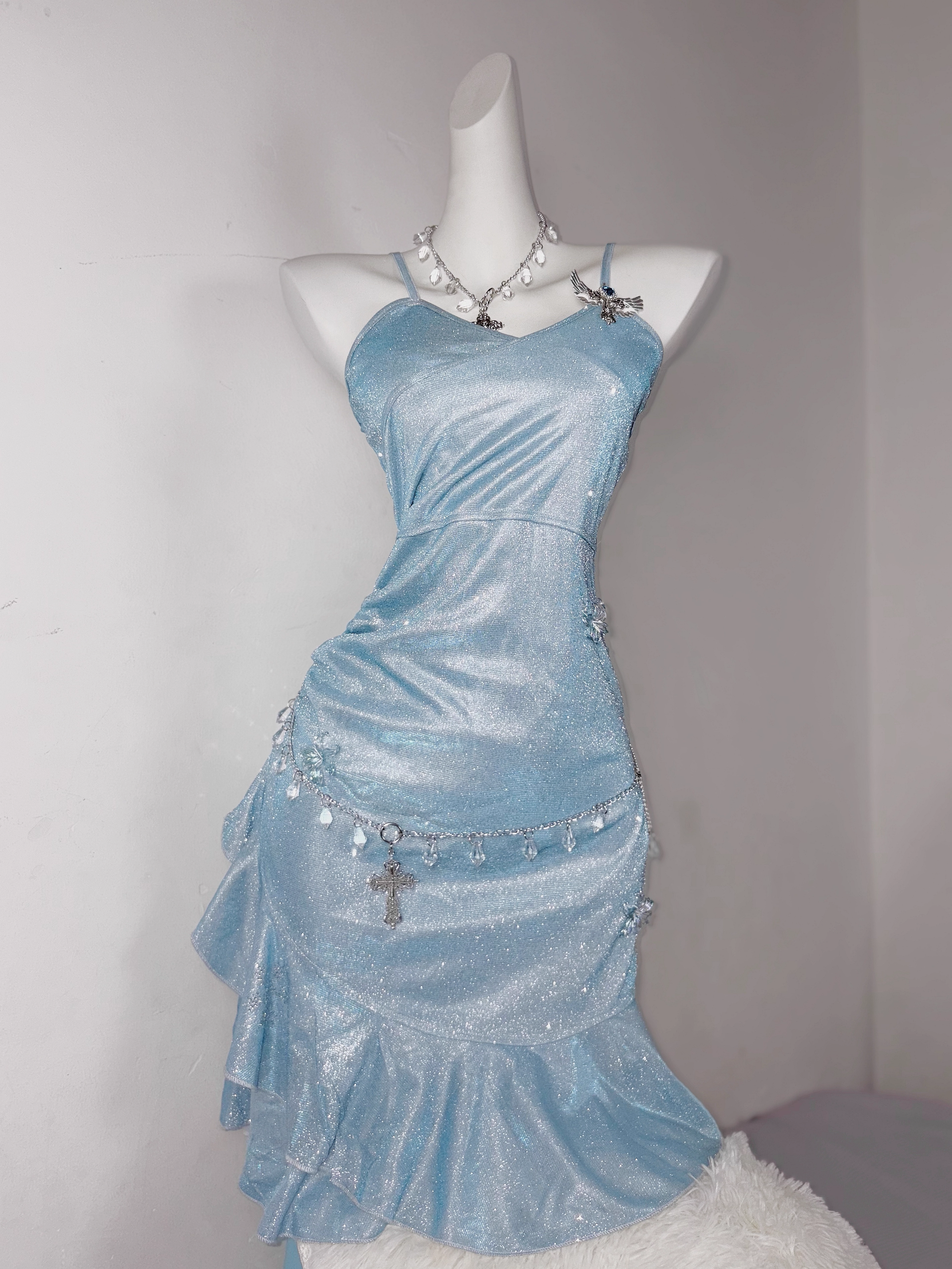 Classy Blue Spaghetti Straps Ruffles Homecoming Dress Short Birthday Dress
